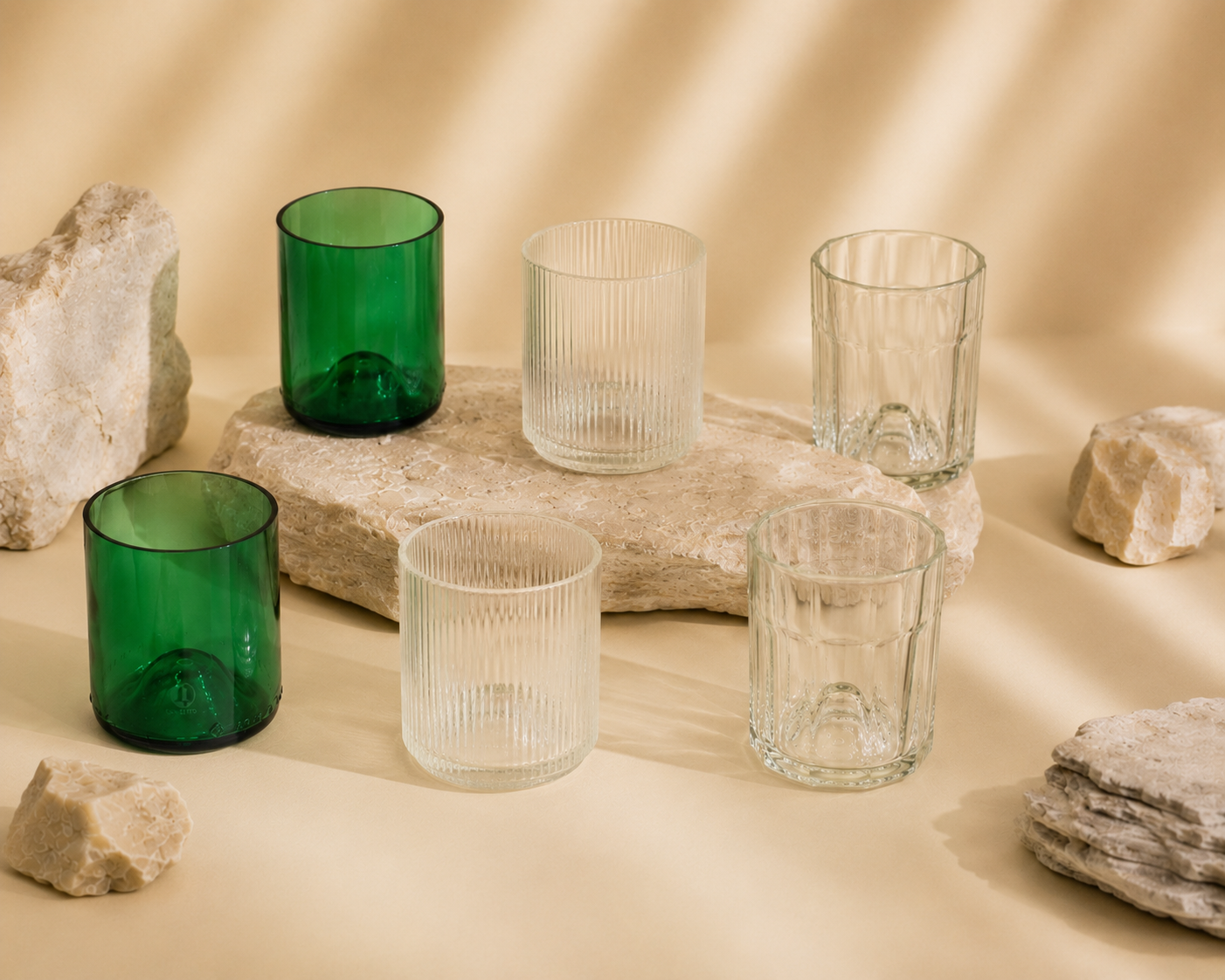 Set di 6 Bicchieri 2 Verdi Smeraldo 2 Rigati 2 Squadrati  | Limited Edition
