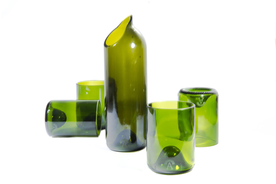 Set of 6 Green Glasses and Green Jug